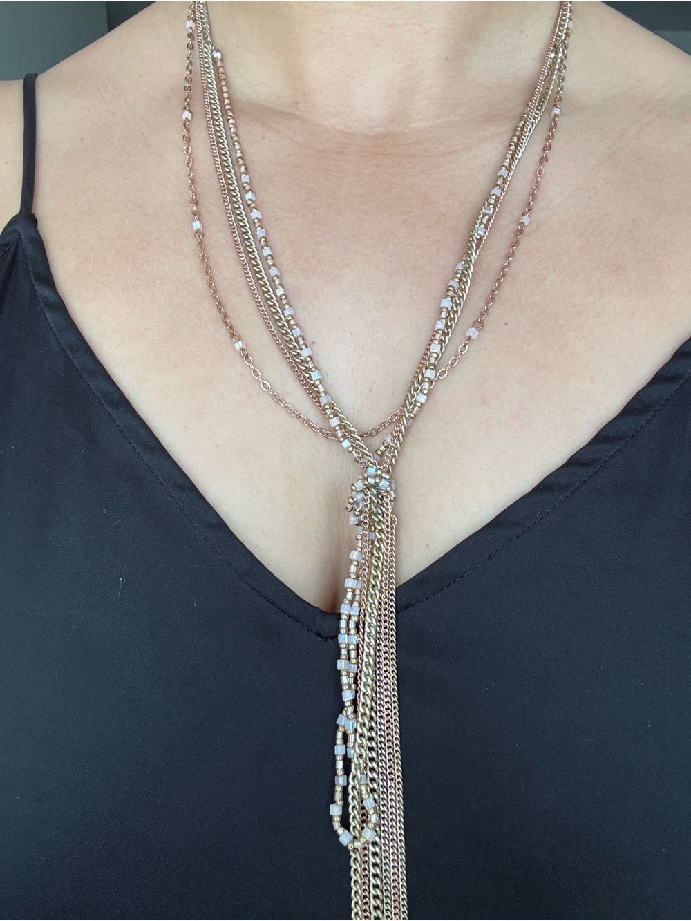 Express multilayer Rose Gold Multi-Strand Lariat Necklace with Pale Pink Beads